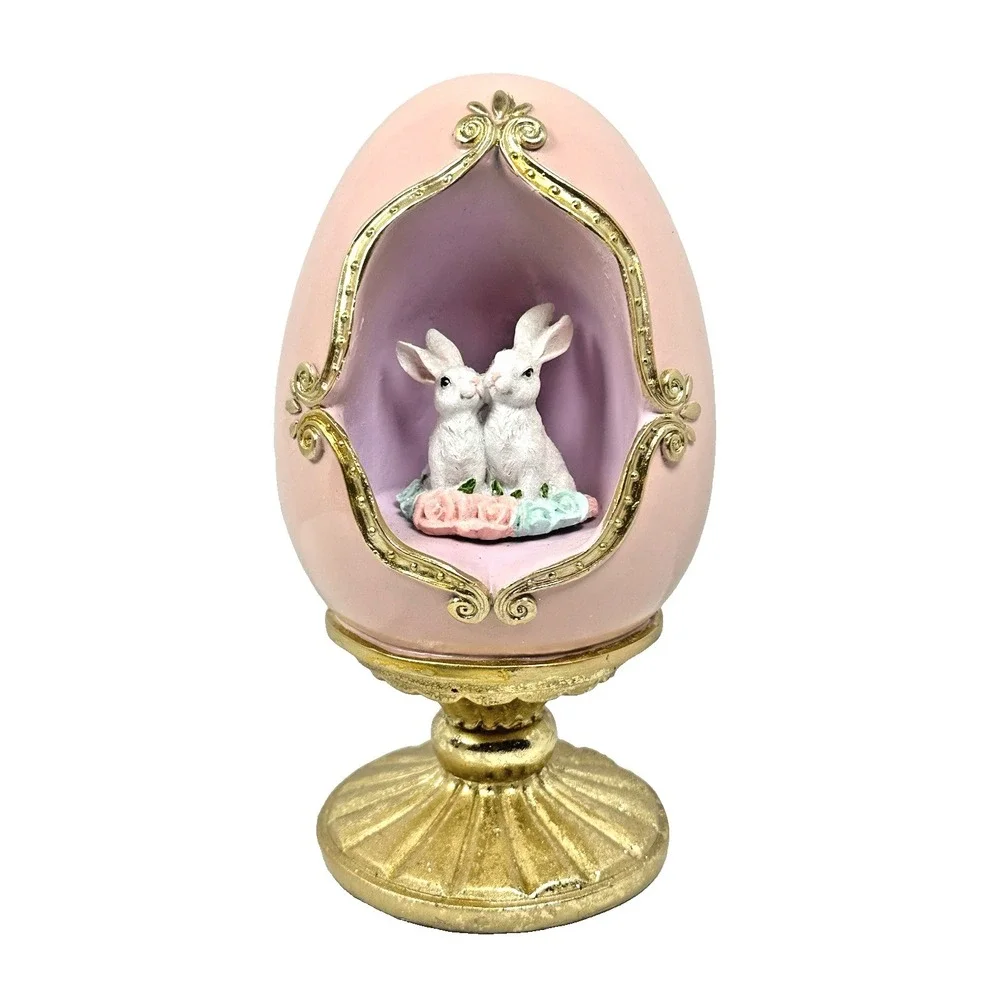 Easter Egg Bunny Figurine Pink Gold Pedestal Spring Easter Decor Two Rabbits